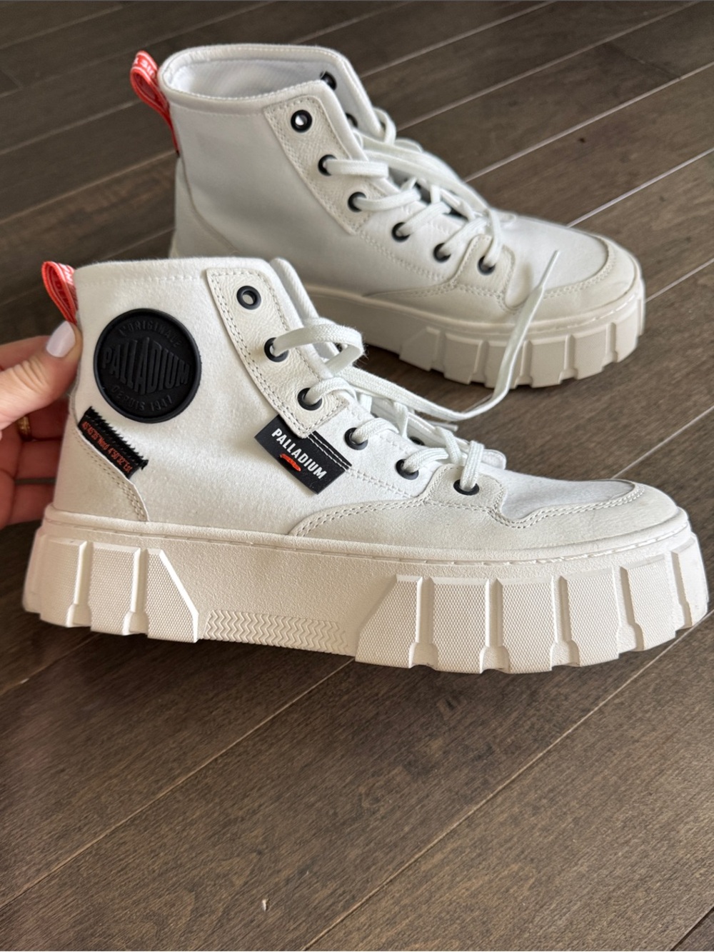 Palladium Women's White Lace-Up Platform Boots with Red Heel Tab